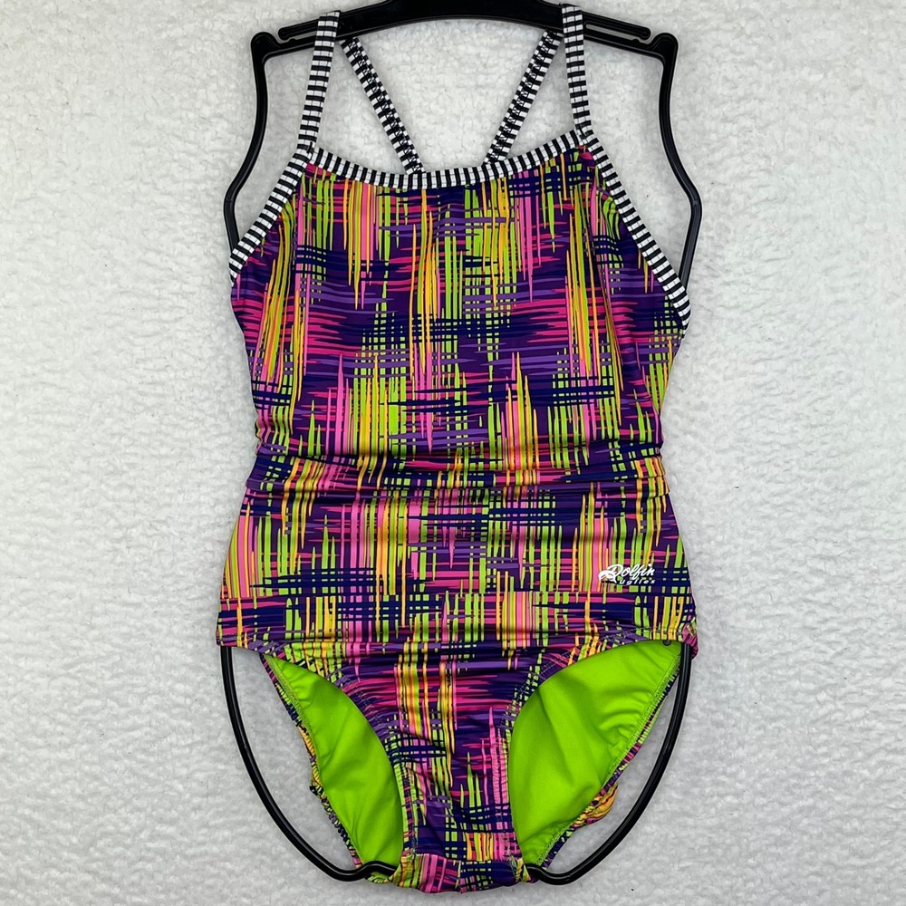 Dolfin Uglies Womens One Piece Swimsuit Purple Green Abstract V-Back Training 32